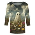 thumbnail image 4 of Riecok Halloween for Women Shirt 3/4 Sleeve Crewneck Funny Ghost Printed Tunic Tops Basic Tee Blouses Green L, 4 of 5