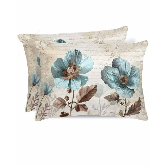 Hokiten Pillow Cases Standard Size Set of 2, Lumbar Pillow Covers, Spring Floral Satin Pillowcases with Zipper for Hair/Skin, Pillow Protector Cover, Teal Tulip Vintage Botanical Summer 20x26 Inches