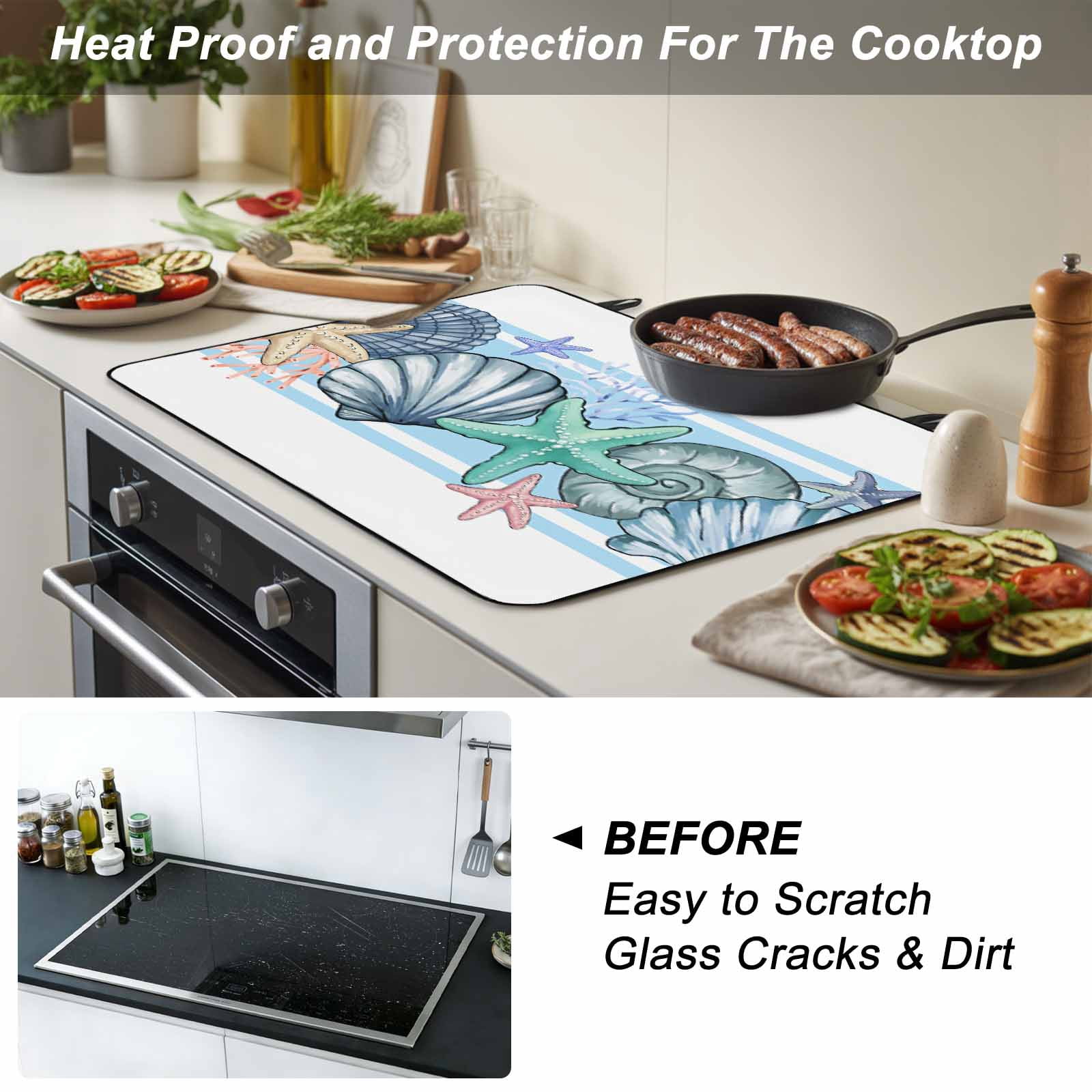 Blue Coastal Stove Top Cover for Electric Stove, Heat-proof & Non Slip Glass Top Stove Cover Protector, Beach Nautical Starfish Shell Coral Kitchen Flat Cooktop Rubber Mat 24x21 Inches