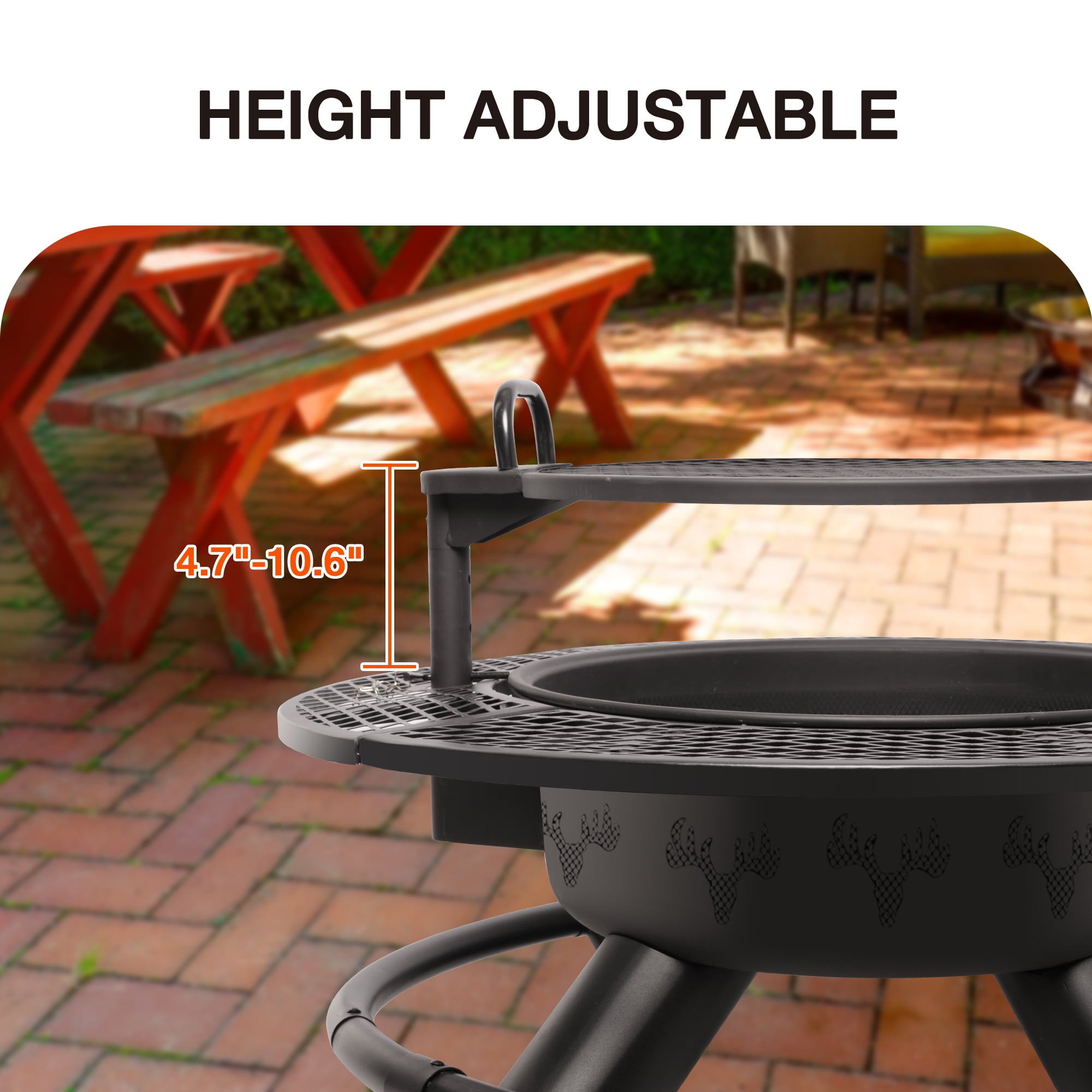 Vantana 47" Outdoor Wood Burning Fire Pit with 360° Swivel Adjustable Grill, Heavy-Duty Steel Bonfire Pit for Patio, Camping, Backyard BBQ & 2-in-1 Heating