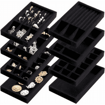 Stackable Velvet Jewelry Trays Organizer, Jewelry Storage Display Trays for Drawer, Earring Necklace Bracelet Ring Organizer, Set of 8 (Black)