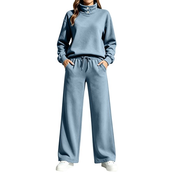 Lmueinov Two Piece Sets for Women Fleece Sweatsuit Button Mock Neck Sweatshirts Wide Leg Sweatpants Workout Lounge Sets with Pockets Fall Casual Outfits