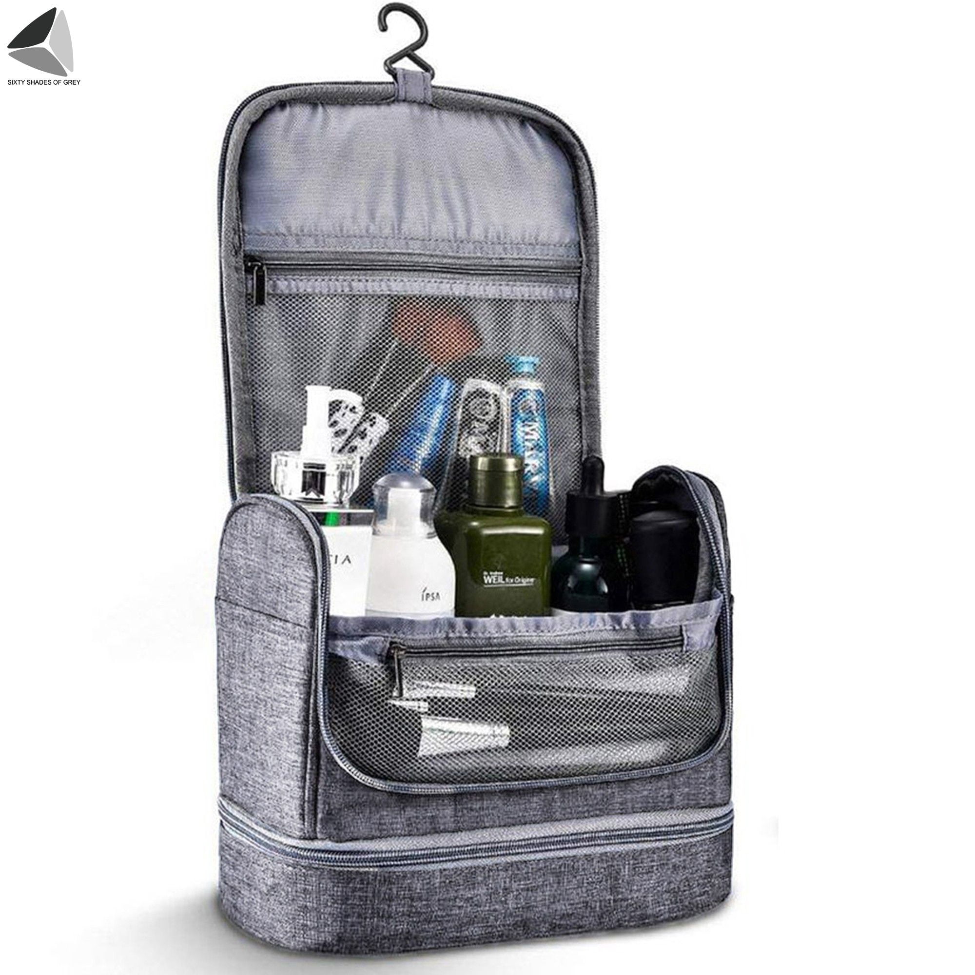 PULLIMORE Large Hanging Toiletry Bag for Women and Men, Travel Toiletry Bag Organizer for Toiletries, Cosmetics, Makeup Bag with Mesh (Gray)