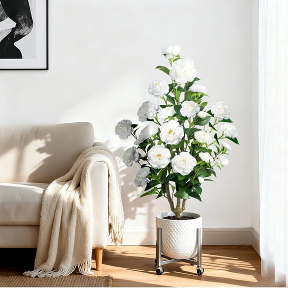 Faux Outdoor Plants 2 Pcs - 39' Artificial Camellia Tree Potted with White Flowers
