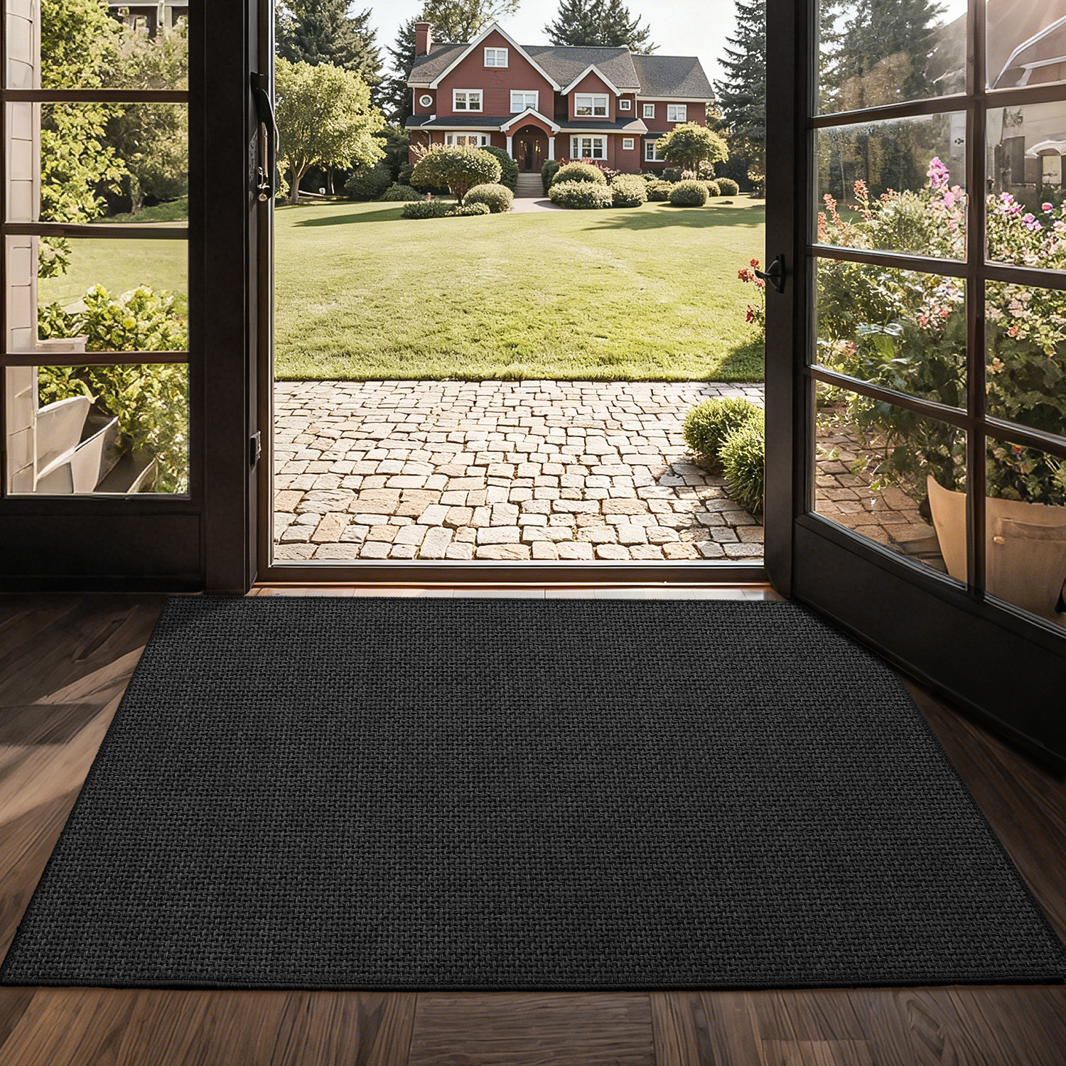 PABUBE Thin Indoor Doormat, Durable Dirt Trapper Entry Rug for Inside House, Non Slip Doormat Indoor Entrance, Low Profile Welcome Mat for Inside, Black, 17" x 30"