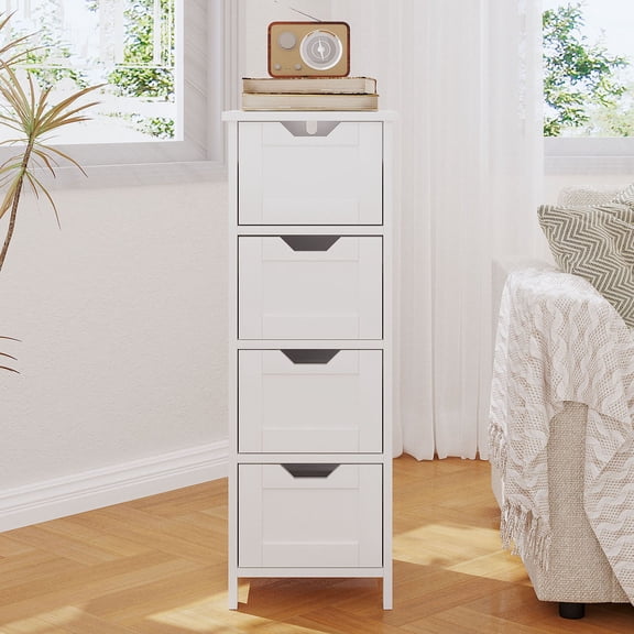 S-HOME Slim Freestanding Wooden Storage Cabinet With 4 Drawers In White For Bathroom Hallway Or Living Room Use