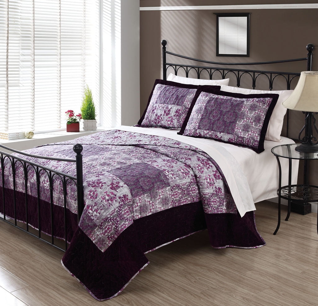 3 Piece Queen Meryl Plum Velvet Quilt Set Com