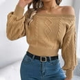 thumbnail image 5 of Olyvenn Sweaters for Women Trendy off the Shoulder Lantern Sleeves Knit Tops Fall Winter Cropped Pullover Jumper Trendy Outfits Khaki M, 5 of 7