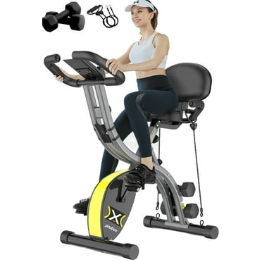Pooboo Folding Cycling Bicycle Magnetic Exercise Bike Fitness Indoor Upright Stationary Bike with Dumbbells and Resitance Bands for Home Cardio Workout Weight up to 300 LBS