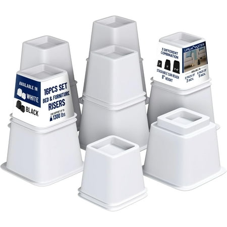 Lifemaster Furniture Riser Set - 16 Pieces Non-slip Design Furniture Leg Riser fits with Bed, Chair, Table, Sofa, Desk, and Couches - White