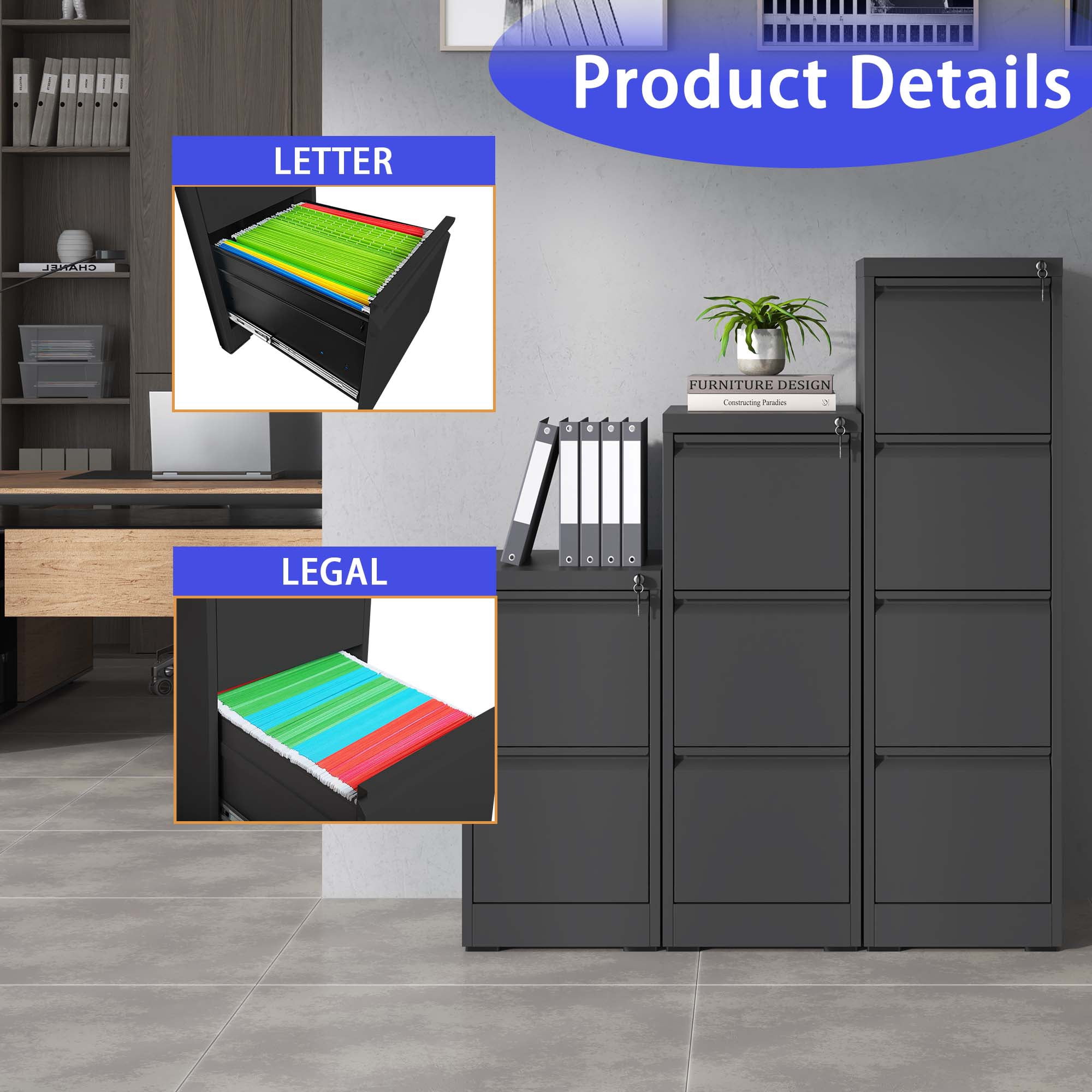 4 Drawer File Cabinet, Metal Filing Cabinets With Lock For A4/Letter/Legal Size File, Steel Vertical File Storage Cabinet For Home Office, Easy Assembly