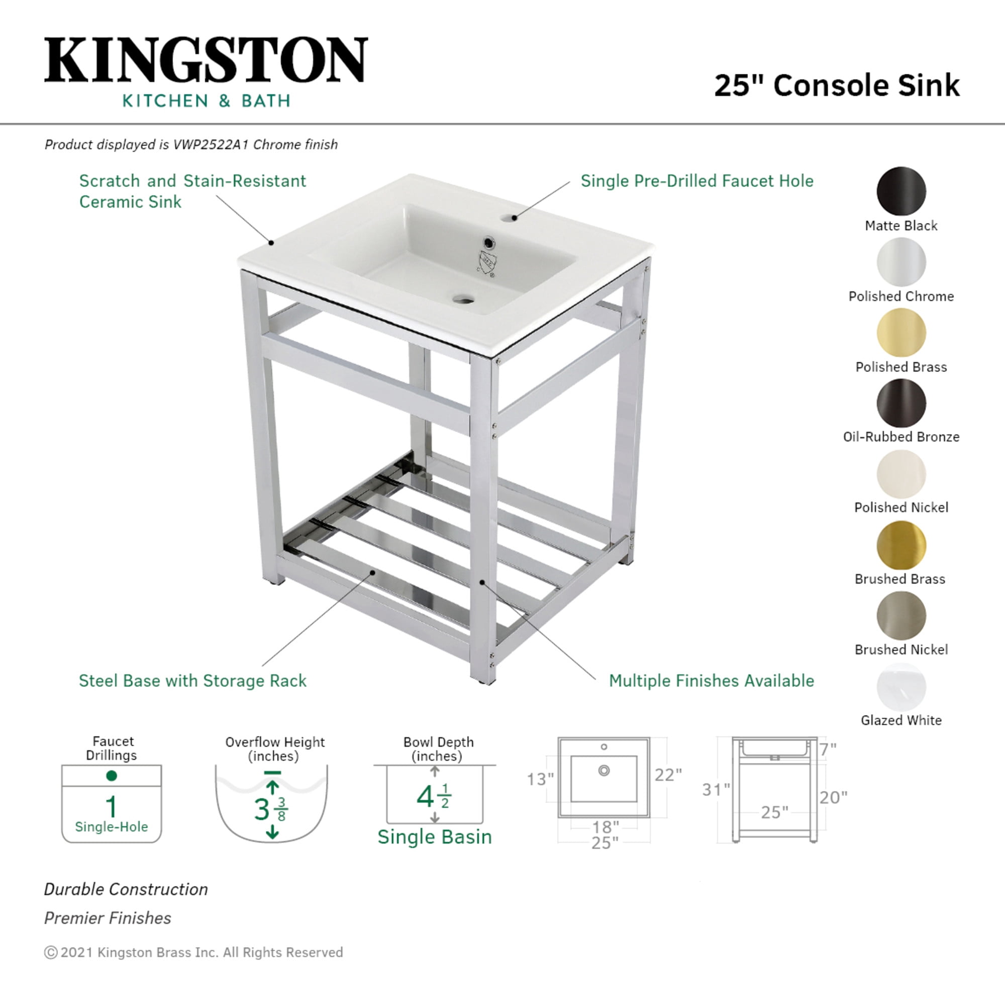 Kingston Brass VWP2522A0 Quadras 25" Ceramic Console Sink with Steel Base and Shelf (1-Hole), White/Matte Black