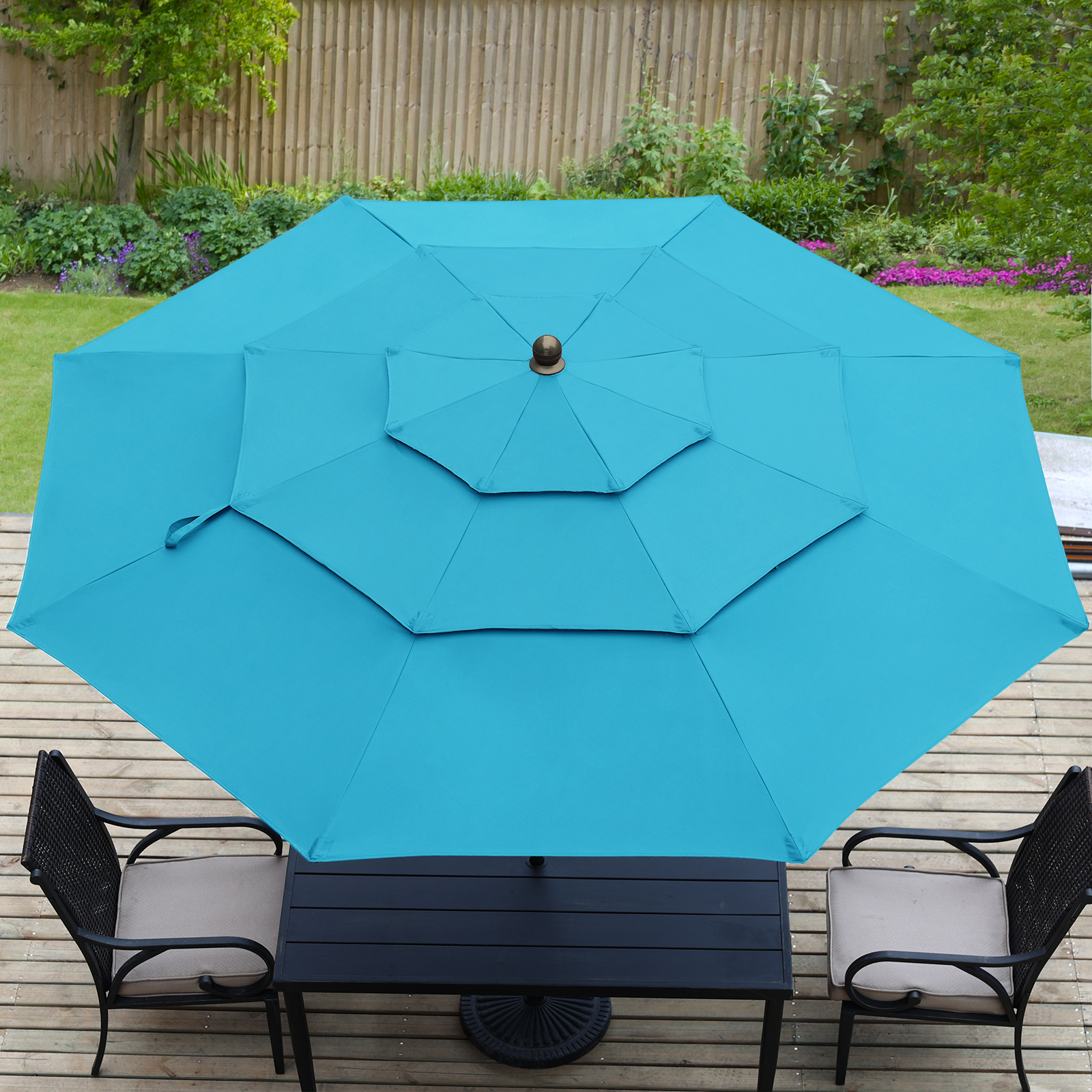 Aoodor 10ft 3-Tier Patio Umbrella, Outdoor Table Market Umbrella Tilt Adjustment and Crank - Light Blue