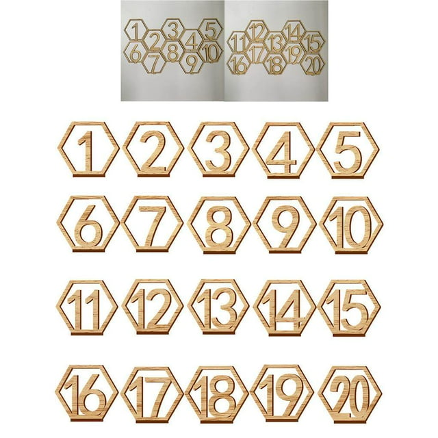 Wood Table Numbers 1-20 Number Ornament Signs Hollow Design Sign Hexagonal Rustic Wedding Engagement Seat Ornament for Restaurant Catering Embellishments