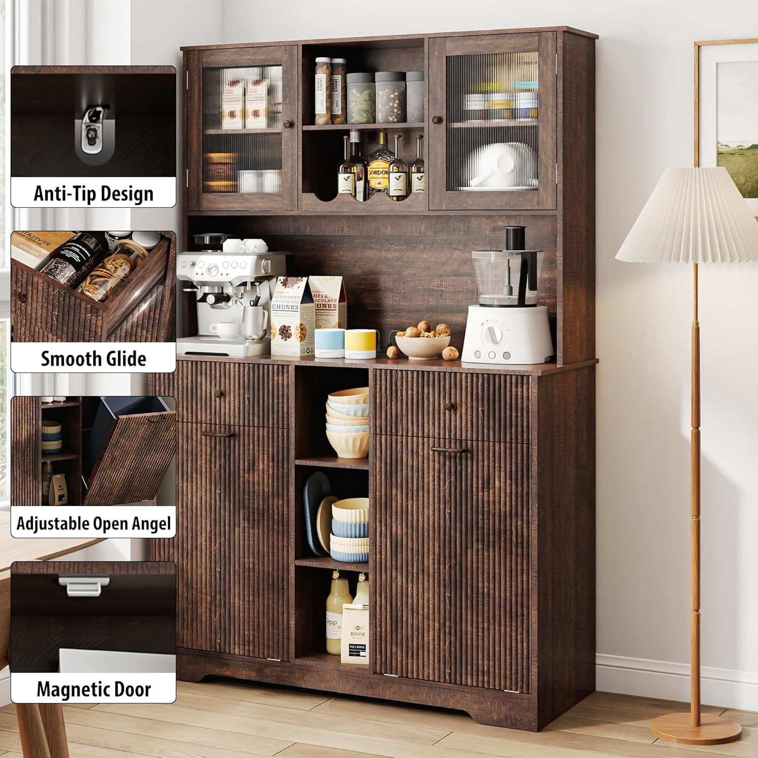 Blotout 47" Wide Kitchen Pantry Storage Cabinet with Charging Station & Microwave Stand, Tall Fluted Kitchen Hutch Cabinet, Double Tilt Out Trash Can Cabinet 10X2 Gallon