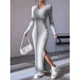 thumbnail image 6 of Women'S Long Sleeve Collar V Neck Maxi Dress Slit Thigh Ribbed Knit Bodycon Dresses Grey M, 6 of 9