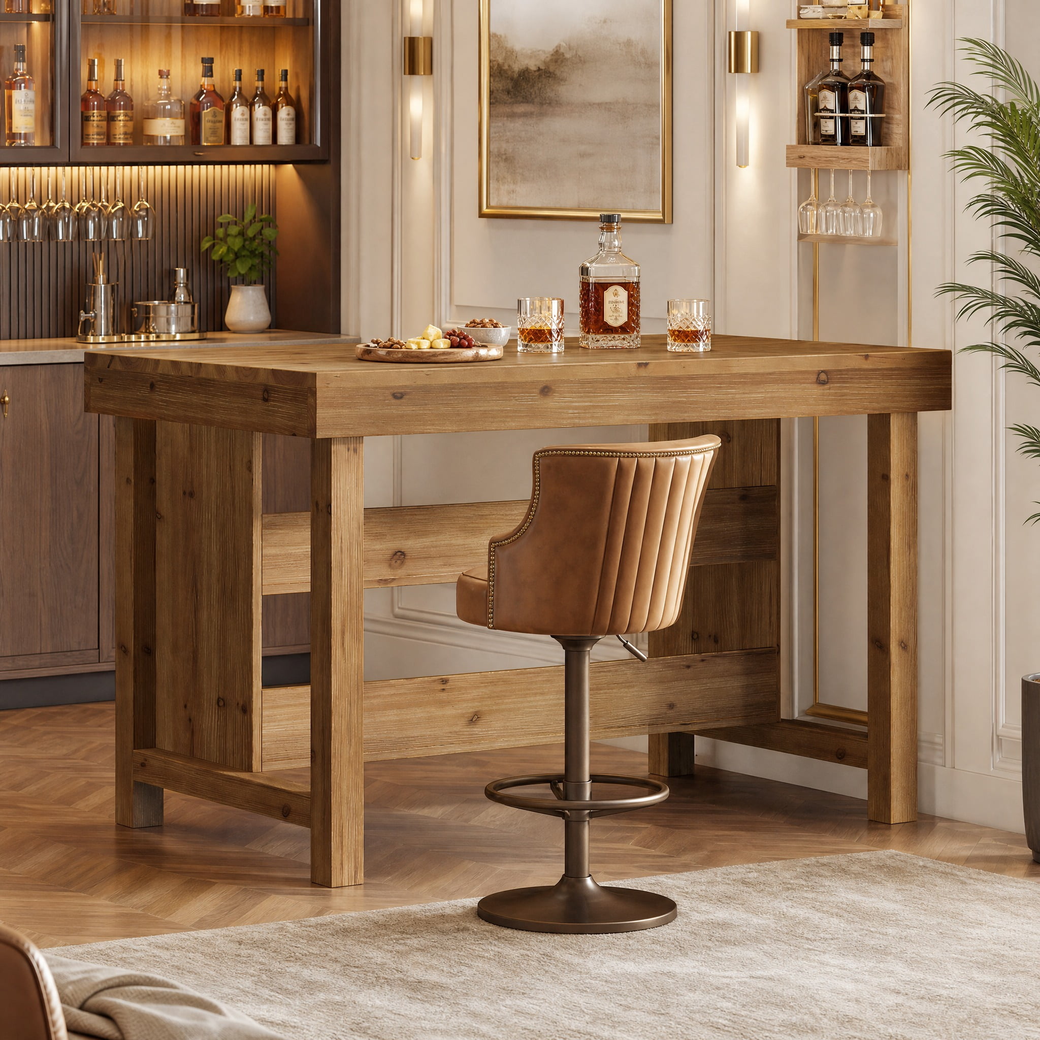 Fnova 55" Solid Wood Bar Cabinet, 3-Tier Farmhouse Home Bar Unit with Open Storage Shelves for Dining Room, Living Room, Basement, Brown