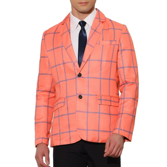INSPIRE CHIC Plaid Blazers for Men's Contrasting Color Notch Lapel Two Button Sports Coat M Orange Red