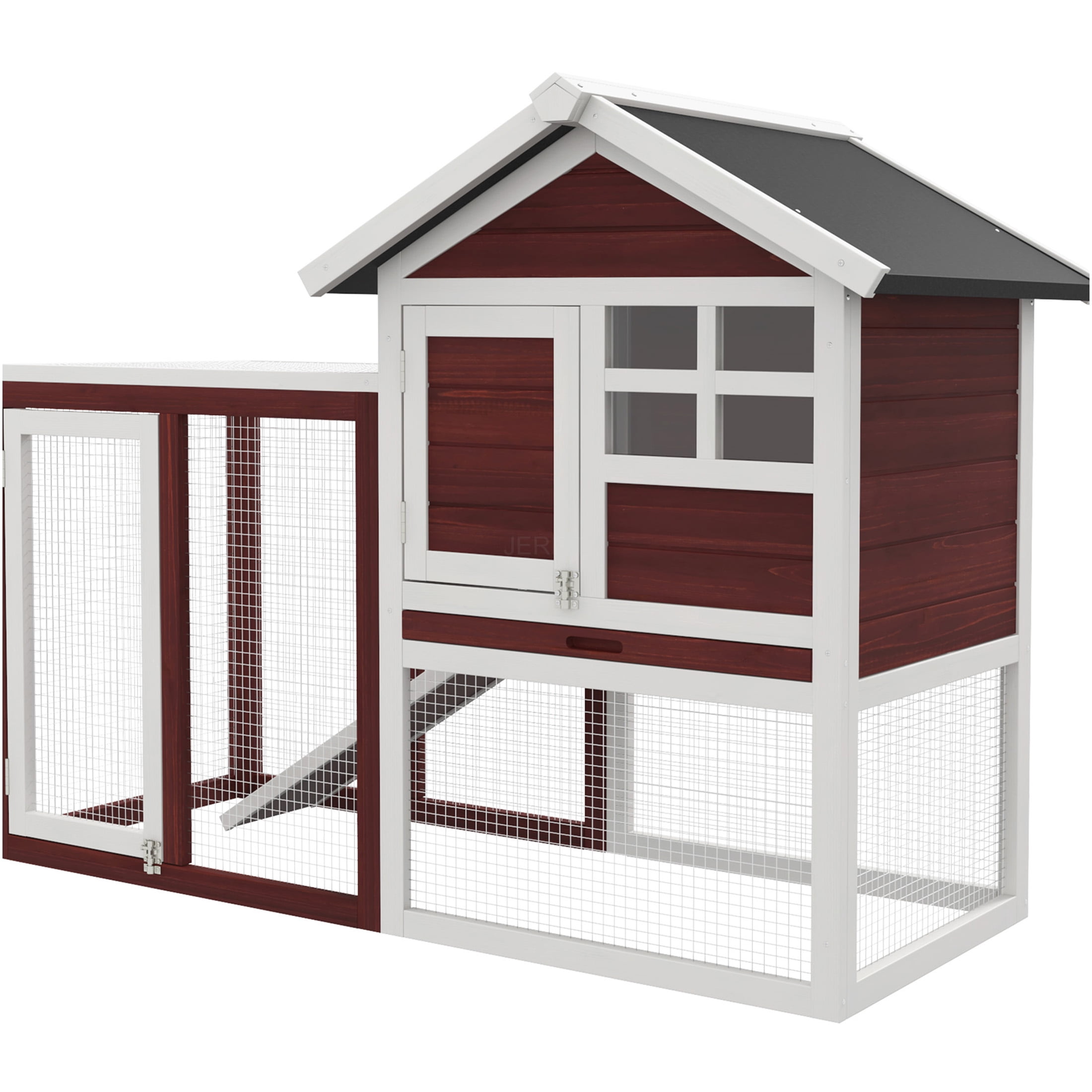 JERFIT 48 Inch Outdoor Rabbit Hutch with Waterproof Roof, Removable Tray, Ramp & Run for 2 Rabbits, Wooden Bunny Cage House, Brown