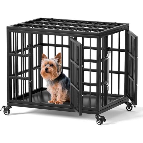 JessieMal 24 Inch Heavy Duty Dog Crate for Small Dogs with Self-Locking Latch, Escape-Proof Steel Kennel Indoor, Double Door Metal Pet Cage with Wheels and Removable Floor