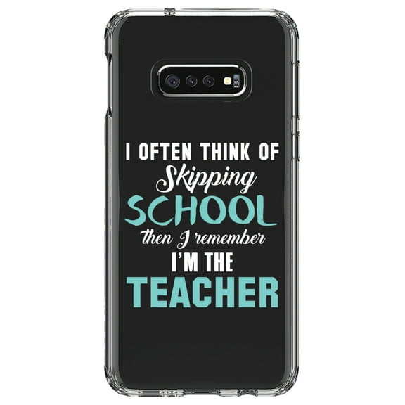 DistinctInk Clear Shockproof Hybrid Case for Samsung Galaxy S10e (5.8" Screen) - TPU Bumper Acrylic Back Tempered Glass Screen Protector - Think of Skipping School Remember I'm Teacher