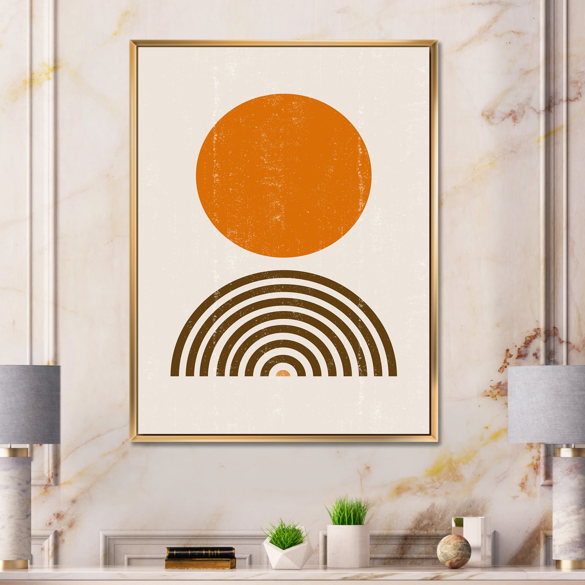 Designart 'Abstract Minimal Rainbow and Orange Sun I' Modern Framed Canvas Wall Art Print