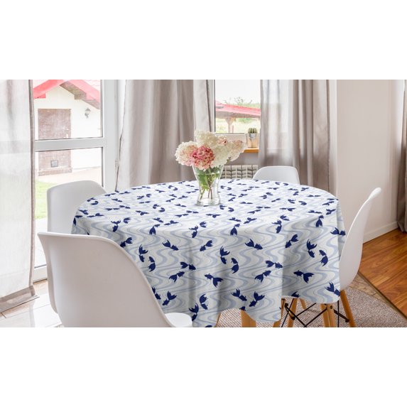 Fish Round Tablecloth, Rhythmic Japanese Asian Style Waves and Koi Fish Pattern on Plain Backdrop, Circle Table Cloth Cover for Dining Room Kitchen Decor, 60", White Dark Lavender, by Ambesonne