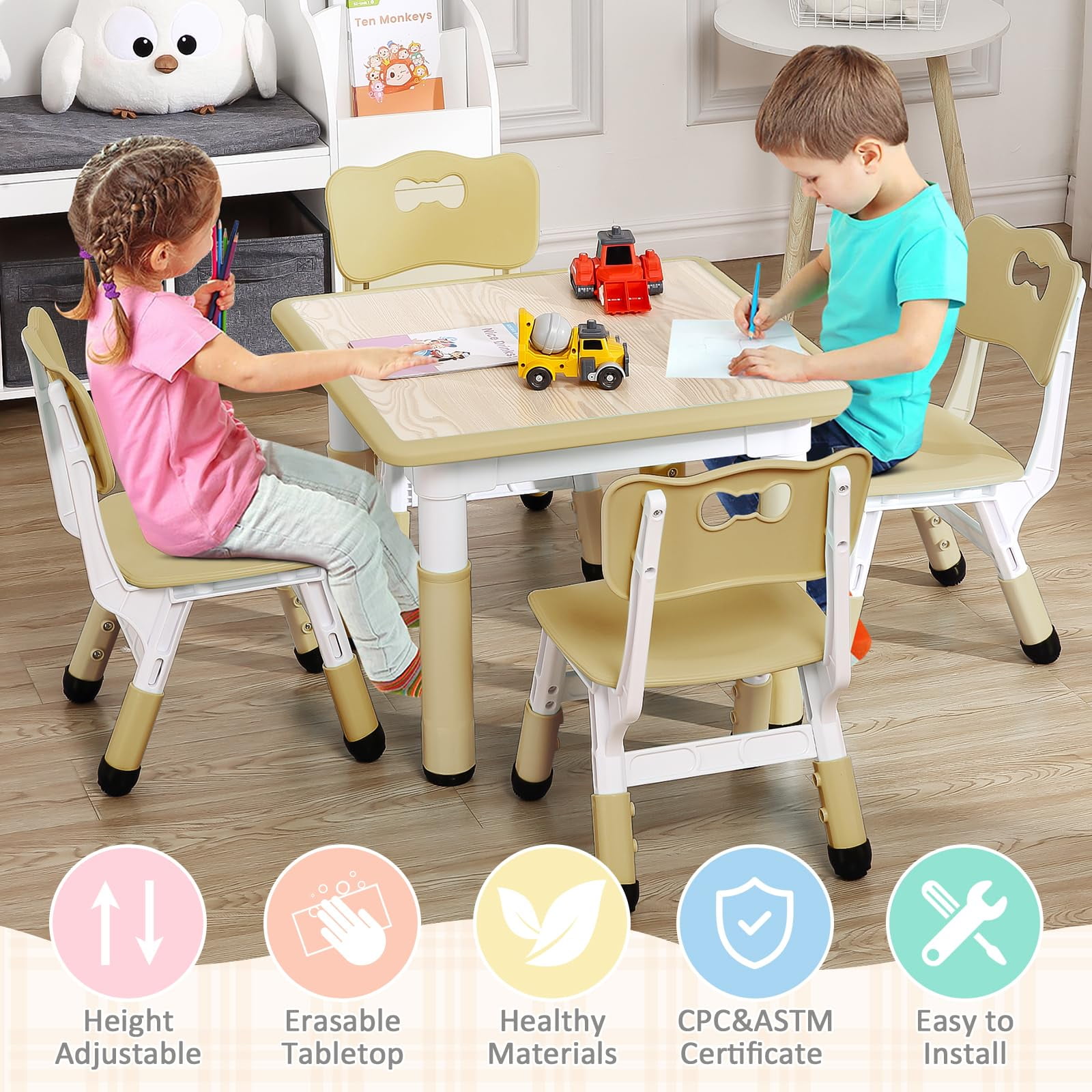 TROPOW Kids Table and Chairs,Height Adjustable Toddler Table and 4 Chair,Multi-Activity Table with Graffiti Desktop Non-Slip Legs for Ages 2-10,Children Activity Table for Daycare,Classroom,Home