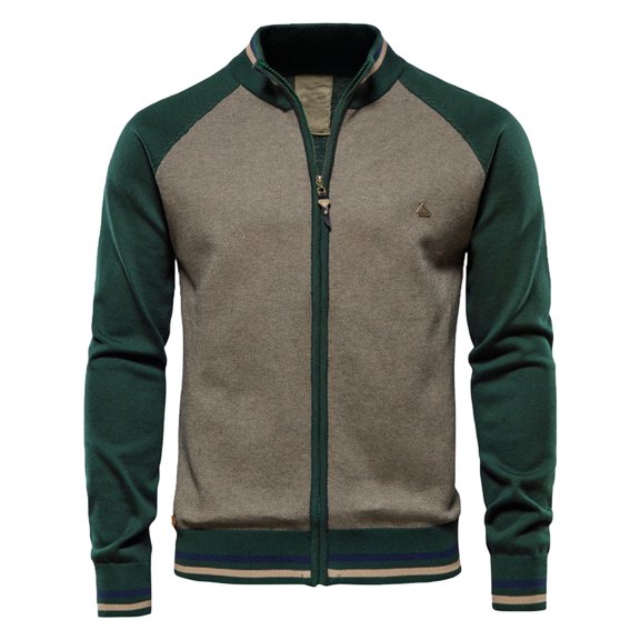 Fesfesfes Men's Zipper Sweater Cardigan Mock Neck Knitted Sweatshirt Color Block Long Sleeve Jacket