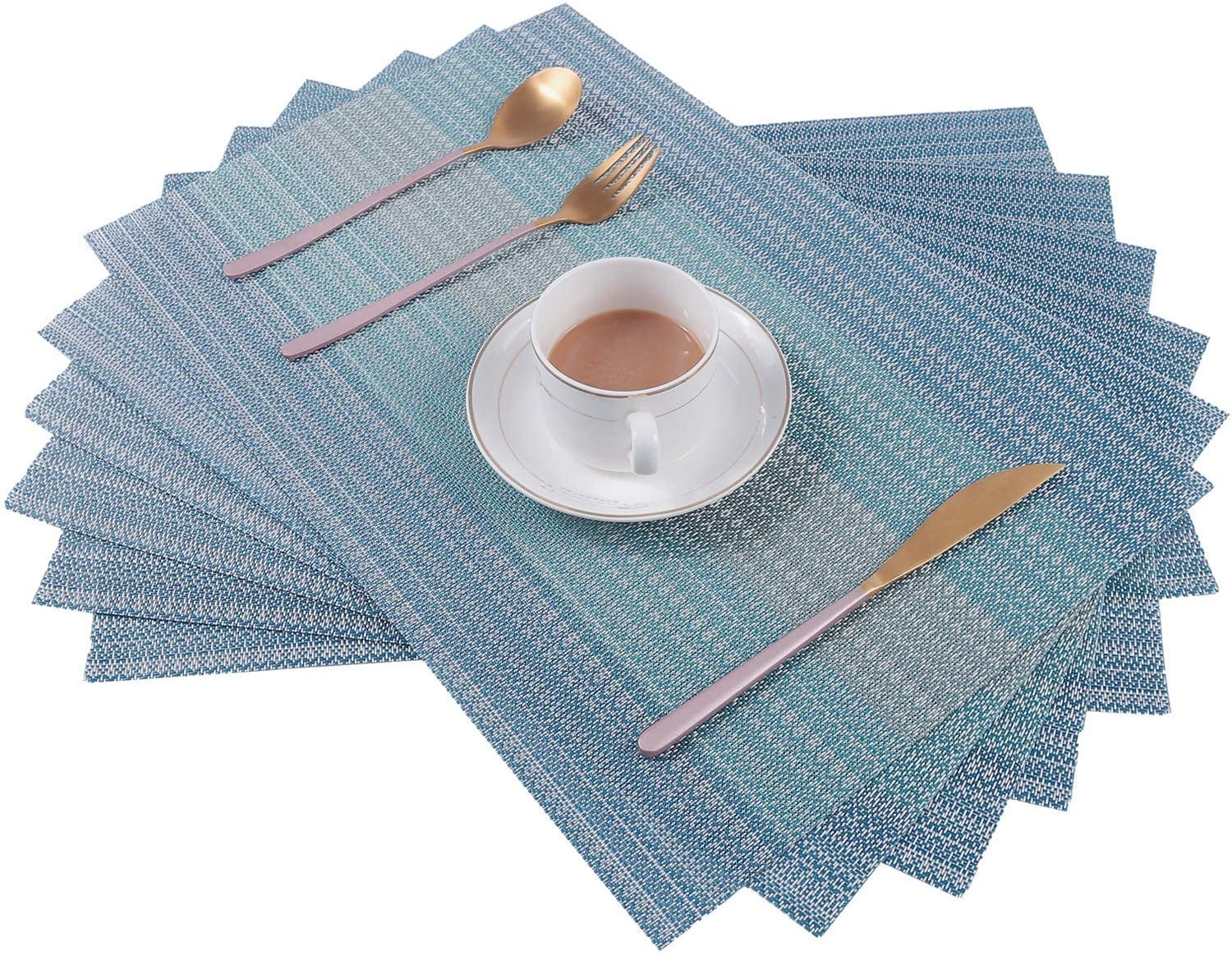 Placemats PVC Set of 6 Heat Resistant Washable DiningTable Mat Woven Blue Stripe