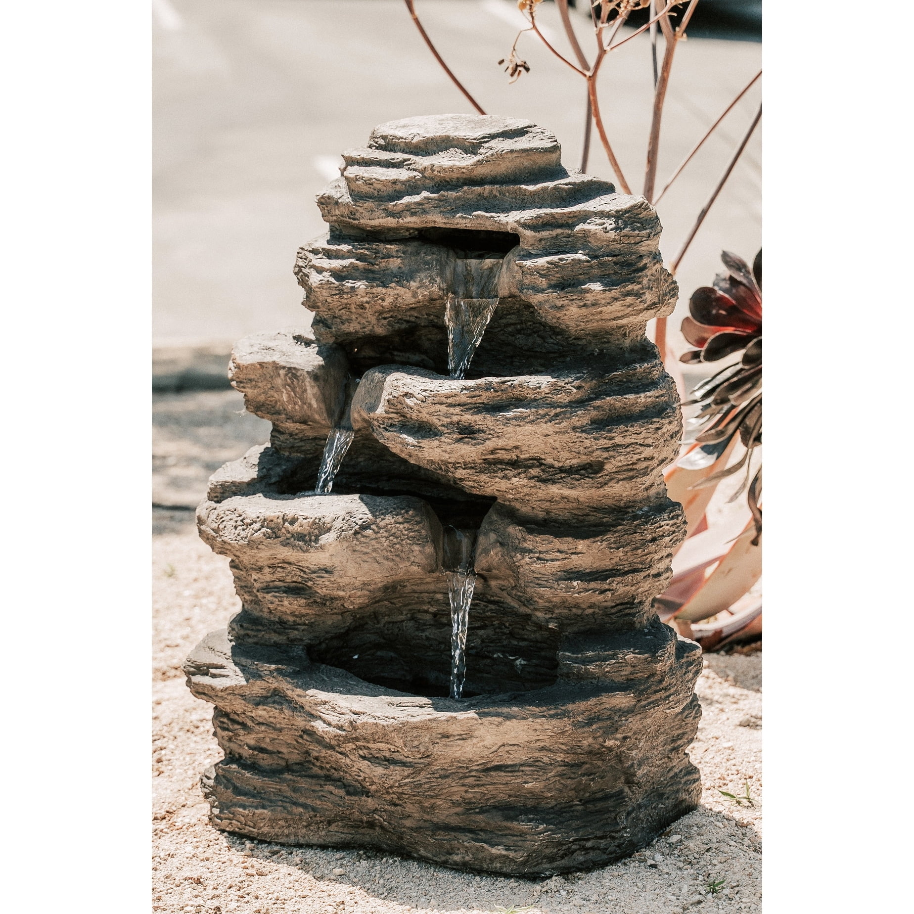 Xbrand 23.6"H Polystone/Stone Powder Indoor Outdoor 3-Tier Rocky Water Fountain with LED Lights for Home Garden Yard Décor