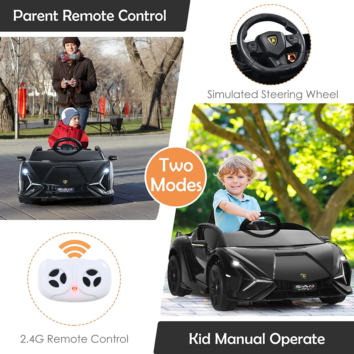 OLAKIDS 12V Licensed Lamborghini Sian Kids Ride On Car with Parent Remote Control, Spring Suspension, MP3 Player, Electric Toy Roadster Carbon Fiber Textured for Toddler Children(Black)