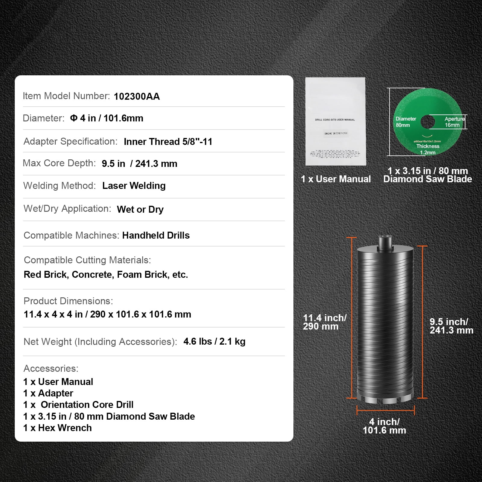 KFFKFF 4" Wet/Dry Diamond Core Bit Core Drill Bit for Brick Block with Pilot Bit