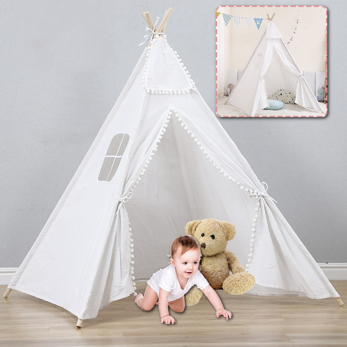Indian Teepee Play Tent Kids Canvas Playhouse Children Sleeping Dome Huge White 