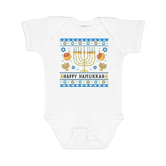 Inktastic Happy Hanukkah Sweater Style Design with Menorah and Dreidel Boys or Girls Baby Bodysuit