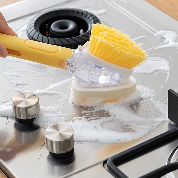 Fiudx Liquidación de ofertas flash Cepillo de limpieza funcional multi de la manija larga del cepillo del pote de la prensa de la cocina