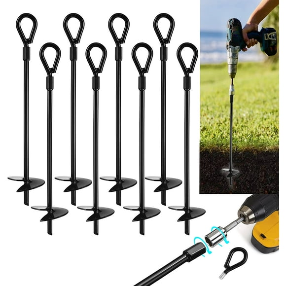 VASGOR 15” Ground Anchors (8pcs) Easy to Use with Drill, 3" Helix Diameter, Heavy Duty Anchor Hook for Camping Tent, Canopies, Car Ports, Sheds, Swing Sets, Securing Animals – Black Powder Coated (8)