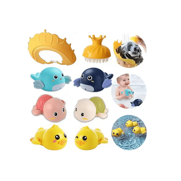 Juguetes Baño Para Bebé+gorro Ducha Ajustable+cepillo Champú Xtellar multicolor