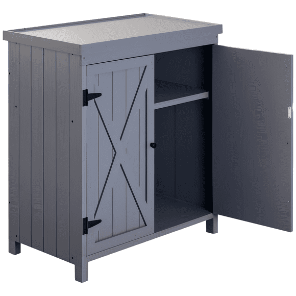 Outsunny Garden Storage Cabinet, Outdoor Tool Shed with Galvanized Top and Two Shelves for Yard Tools or Pool Accessories, Grey