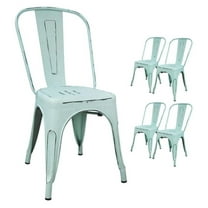 Metal Indoor-Outdoor Chairs Distressed Style Kitchen Dining Chairs Stackable Side Chair with Back Set of 4 (Blue)