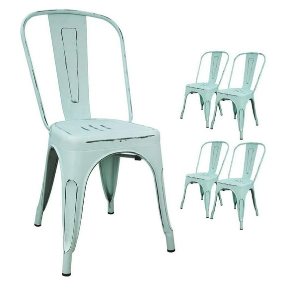 Metal Indoor-Outdoor Chairs Distressed Style Kitchen Dining Chairs Stackable Side Chair with Back Set of 4 (Blue)