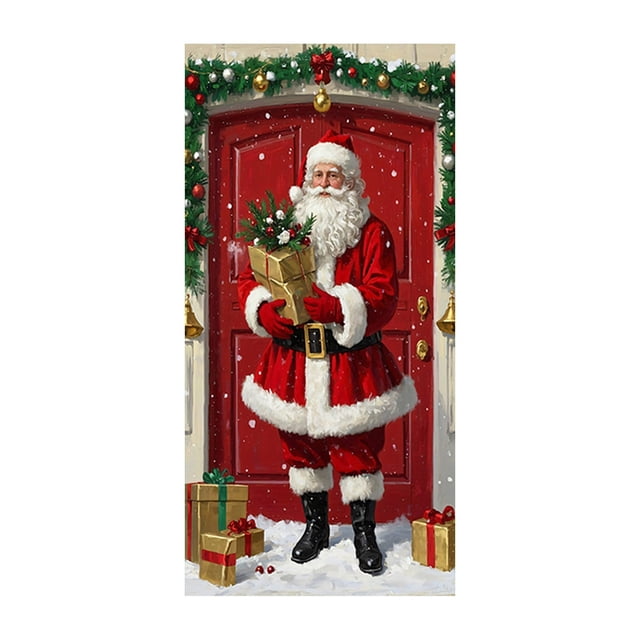 Décorations de Noël Extérieures Rideau de Porte de Noël Drapeau Extérieur Photo Père Noël et Chiot Décoration de Fond Tissu Suspendu Décorations de Noël Extérieures