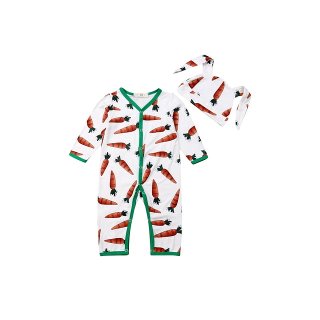 Fortune 0-18M Newborn Romper V-Neck Long Sleeve Carrot Print Cartoon Jumpsuit Rabbit Ear Hat