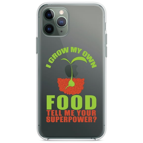 DistinctInk Clear Shockproof Hybrid Case for iPhone 11 (6.1" Screen) - TPU Bumper Acrylic Back Tempered Glass Screen Protector - I Grow My Own Food Tell Me Your Superpower