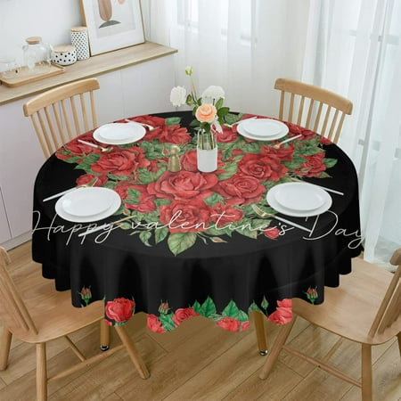 

Round Valentine s Love Tablecloth Waterproof 60 in Black Red Rose Heart Romantic Table Cloth Cover for Fall Baby Shower Christmas Wedding Party