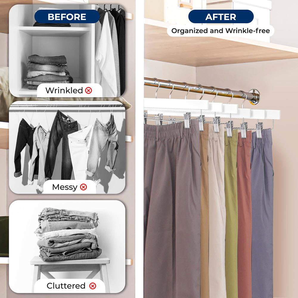 SereneLife 30-Pack Premium Wooden Pants Hangers – Heavy-Duty with Adjustable Clips & 360° Swivel Hook (White)