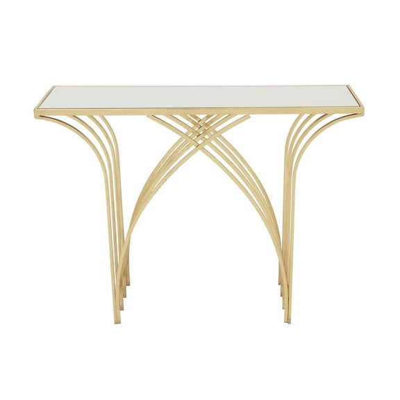DecMode 41" x 31" Gold Metal Rectangular Geometric Console Table with Mirrored Glass Top, 1-Piece