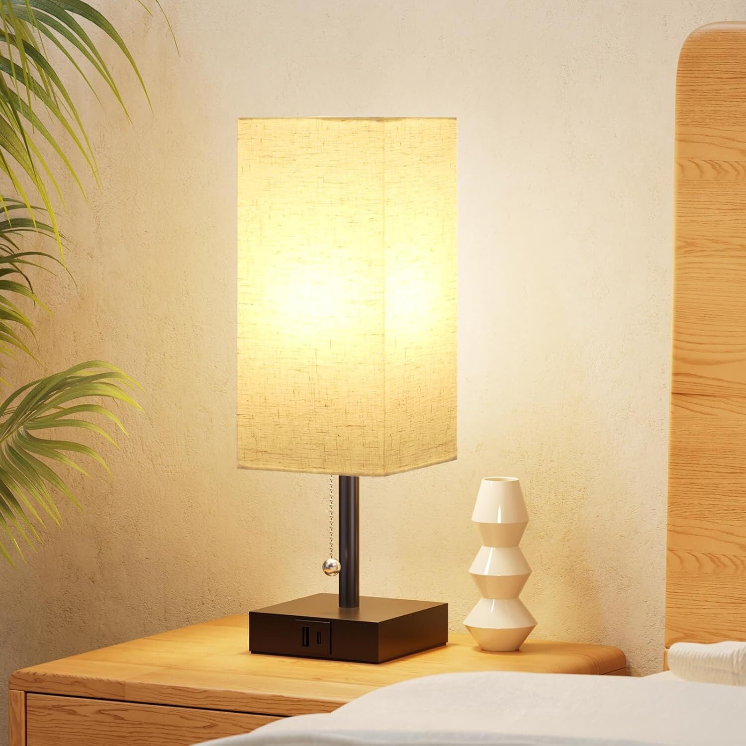 Bedside Table Lamp Pull Chain Table Lamp With USB C&A Fast Charging Port, AC Outlet, Solid Bedroom Lamps with Fabric Shade Nightstand Light for Living Room, Office, Reading (LED Bulb Included)