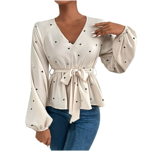 Peplum Tops for Women Casual V Neck Printed Long Sleeve Trendy Shirts Tie Waist Loose Comfy Dressy Fall Blouses