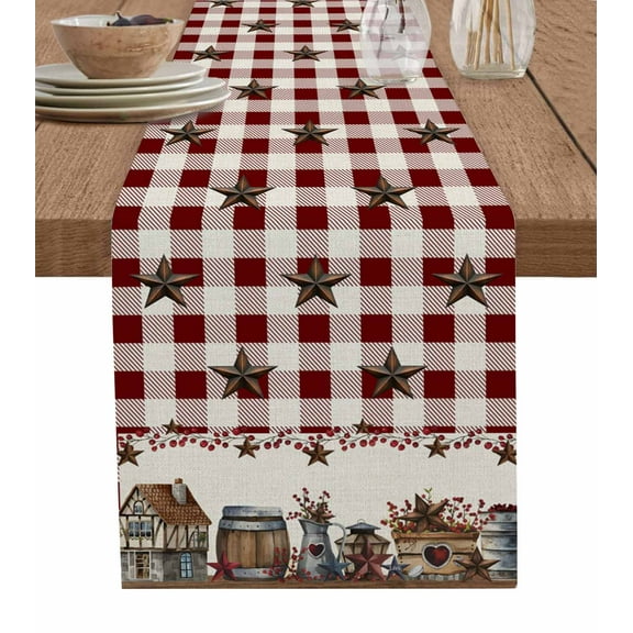 Farm Red Table Runner Brown Western Texas Star Red Plaid Country Tablerunners 13 x 36 Inch, Table Decorations Tabletop Scarf for Summer Gathering Holiday Farmhouse Kitchen Dining Decor